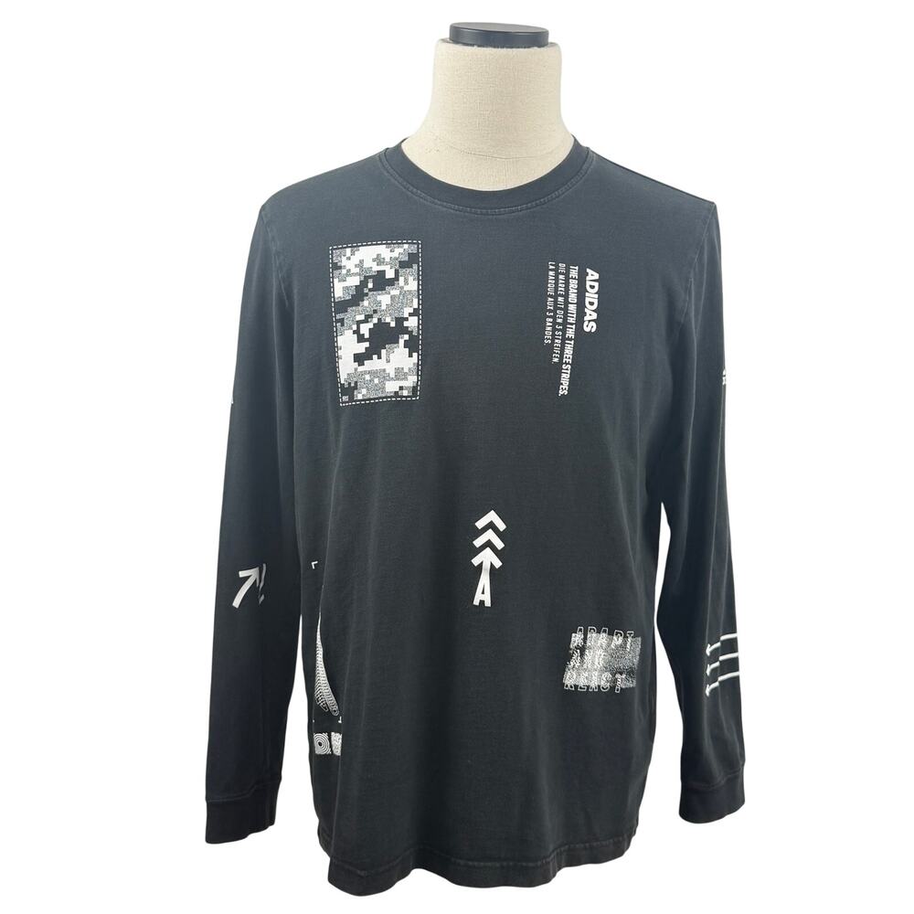 Adidas Men’s Large Black Allover Graphic Long Sleeve Cotton T-Shirt
